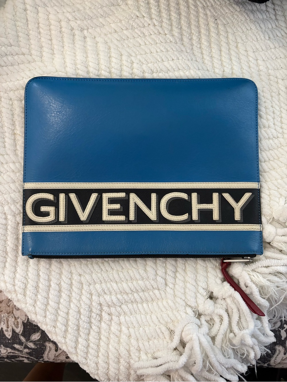 Givenchy Blue Leather Logo Zip Pouch with Black & White Band